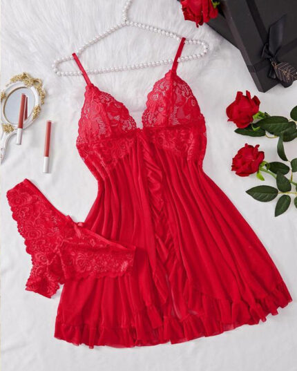 Lace Ruffle Nightdress & Panty Set for Women